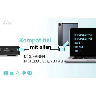 'Kompatibel mit allen modernen Notebooks und iPad.' Bild zeigt Kabelverbindung zwischen Computer, Adapter und Geräten mit USB- und Thunderbolt-Anschlüssen.