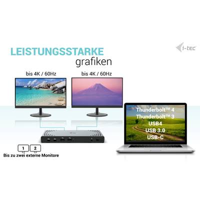 Ein Computer ist mit zwei Monitoren verbunden, die bis zu 4K/60Hz unterstützen. Text: 'LEISTUNGSSTARKE grafiken' und Anschlüsse: Thunderbolt™ 4, USB-C.