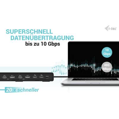 'Superschnell Datenübertragung bis zu 10 Gbps. Laptop mit Kabel verbunden. Text zeigt Vergleich: 10 Gbps vs. 480 Mbps, 20x schneller.'