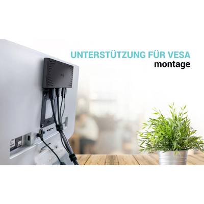 'Unterstützung für VESA Montage' zeigt einen Monitor mit einem rückseitig montierten Gerät, daneben ein grüner Pflanztopf.