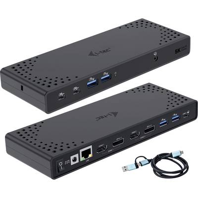Ein schwarzes USB-Dockingstation mit mehreren Anschlüssen, darunter USB, HDMI, Ethernet. Ein USB-Kabel liegt daneben.