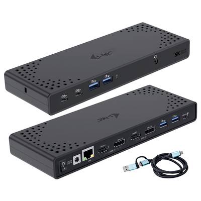 Schwarze Dockingstation mit mehreren Anschlüssen, darunter USB-C, USB-A, HDMI, Ethernet und Audio. Ein USB-C-Kabel ist beigelegt.