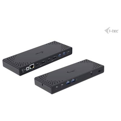 Zwei schwarze Dockingstationen mit mehreren Anschlüssen, darunter USB, HDMI, Ethernet und Audio. Im Hintergrund ist ein 'i-tec'-Logo sichtbar.