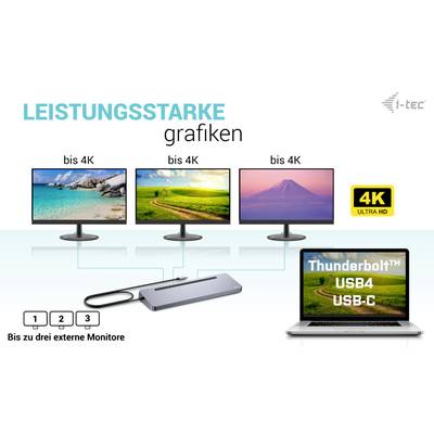 'LEISTUNGSSTARKE grafiken' zeigt drei Monitore, alle bis 4K, verbunden über einen Hub mit einem Laptop mit 'Thunderbolt™ USB4 USB-C'.
