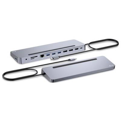 Laptop-Dockingstation in silber mit mehreren Ports: USB, HDMI, Ethernet und SD-Kartenleser. Verbindungskabel mit USB-C-Anschluss.