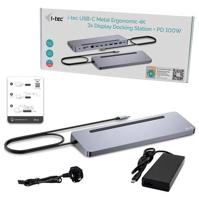Eine USB-C Dockingstation mit 3 Display-Anschlüssen, ergonomischem Design und 100W Leistung. Verpackung und Zubehör sind abgebildet.