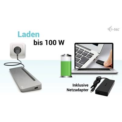 Das Bild zeigt ein Ladegerät, das ein Laptop mit bis zu 100 W auflädt, eine Batterie- und Steckerdarstellung, inklusive Netzadapter.