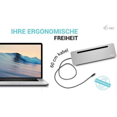 'Ein Laptop mit einem Meereshintergrund daneben ein silbernes Gerät mit Kabel. Text: Ihre ergonomische Freiheit, 60 cm Kabel, keine Begrenzung.'