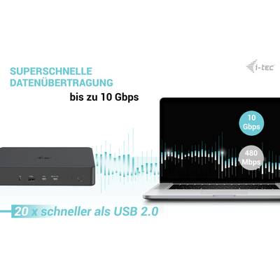 'Eine Datenübertragungsrate von bis zu 10 Gbps wird hervorgehoben, 20-mal schneller als USB 2.0, mit einem Vergleichsdiagramm und Laptop.'