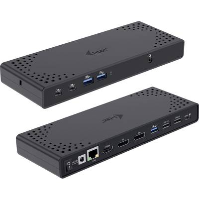 Zwei schwarze Computer-Dockingstationen mit USB-C-, USB 3.0-, HDMI- und Ethernet-Anschlüssen; freistehend auf weißem Hintergrund.