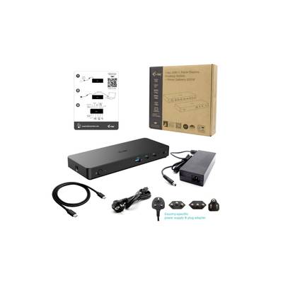 Eine USB-C-Dockingstation mit zugehörigem Netzstecker, Kabeln und Adaptern, bereit zur Verbindung mehrerer Geräte und Anleitungen.