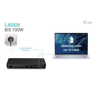'Laptop verbunden mit Dockingstation durch Power Adapter. Aufschrift: POWER DELIVERY (UP TO 100W). Dock hat mehrere USB-Anschlüsse.'