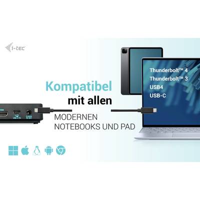 Externe Dockingstation, kompatibel mit modernen Notebooks und Tablets. Unterstützt Thunderbolt 4, Thunderbolt 3, USB4, USB-C.