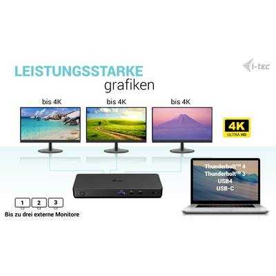 'LEISTUNGSSTARKE grafiken' zeigt drei bis 4K Monitore und ein Laptop mit Thunderbolt™ 4 Verbindung, unterstützt 4K Ultra HD.