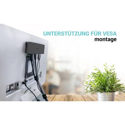 'Unterstützung für VESA Montage': Ein auf einem Schreibtisch montierter Monitor mit einem VESA-Halterungssystem, daneben eine Pflanze.