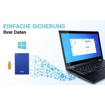 'Ein Laptop zeigt eine Backup-Software. Text: Einfache Sicherung Ihrer Daten. Symbole für Festplatte und USB-Stick repräsentieren Optionen.'