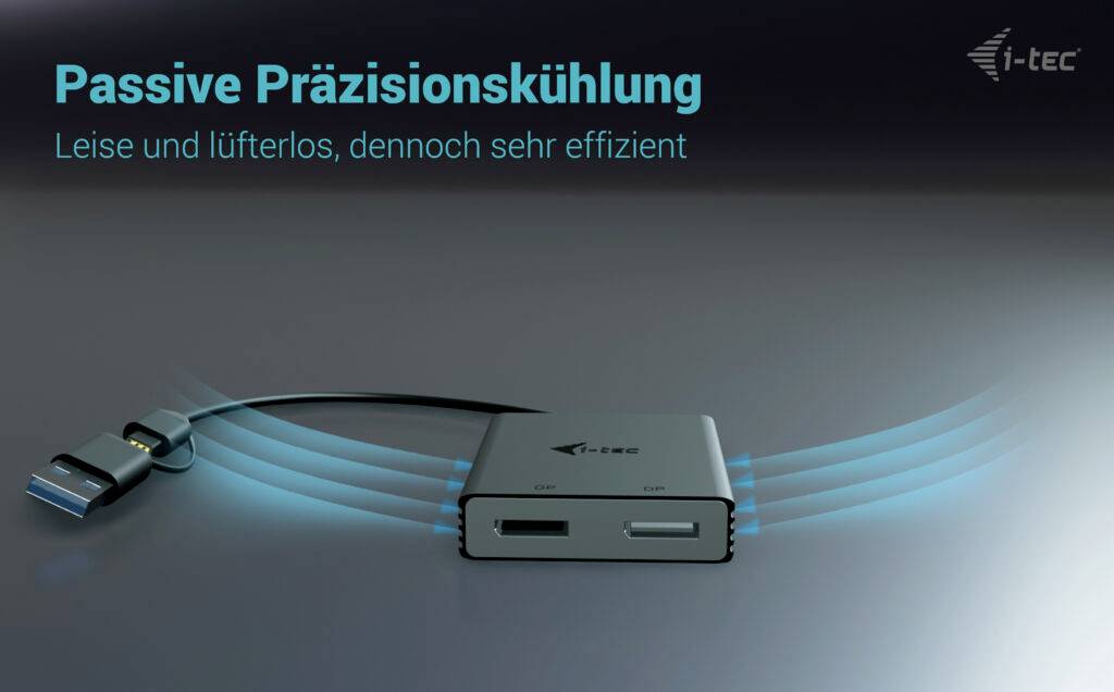 'Passive Präzisionskühlung' in blauem Text. Ein kompaktes, lüfterloses Gerät mit USB-Anschlüssen zeigt blaue Luftstromlinien an.