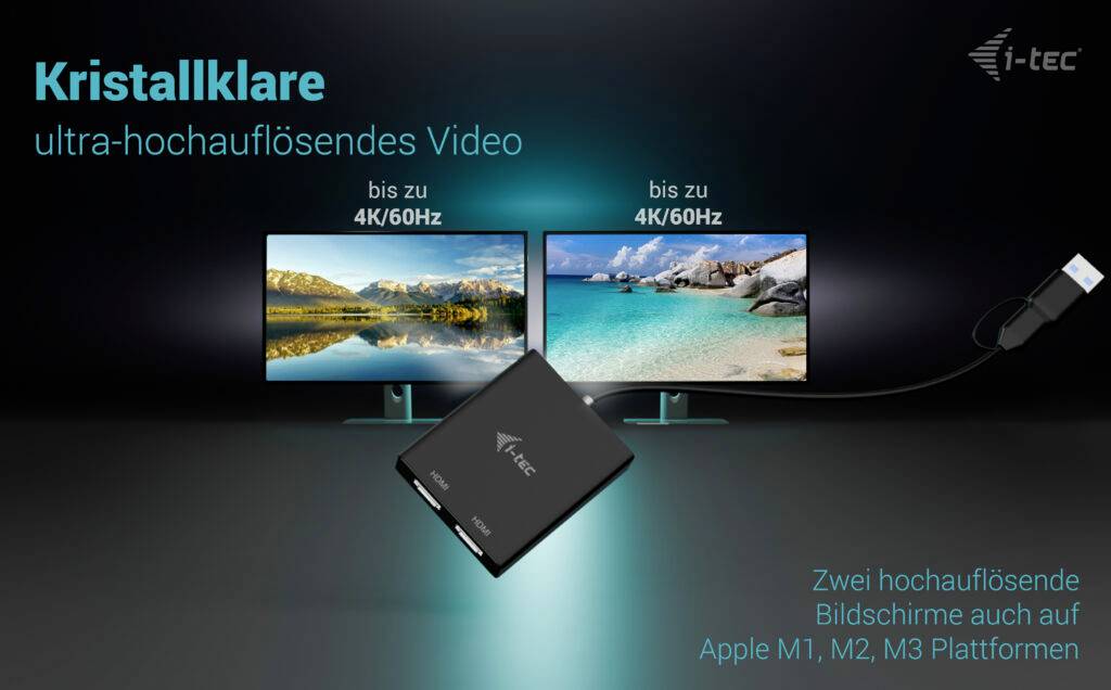 'Kristallklare ultra-hochauflösendes Video. Zwei Bildschirme mit bis zu 4K/60Hz. Kompatibel mit Apple M1, M2, M3 Plattformen.'