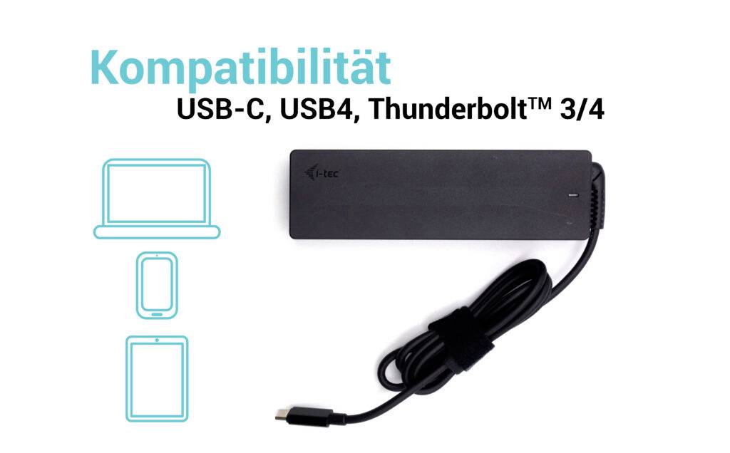 'Kompatibilität: USB-C, USB4, Thunderbolt™ 3/4'. Dockingstation mit Kabel und Piktogrammen von Laptop, Smartphone und Tablet.