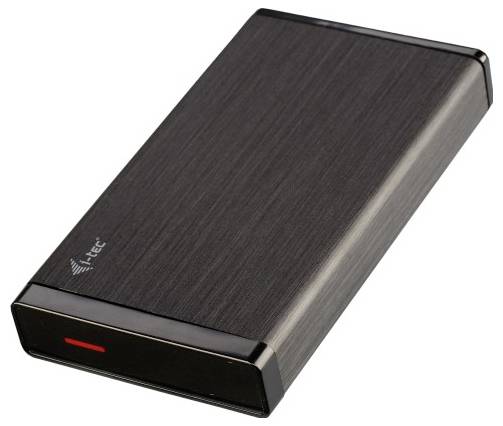 Externes Festplattengehäuse in Schwarz mit glänzender Oberfläche und einem roten Leuchtstreifen.