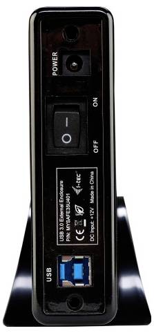 Rückseite eines USB 3.0 Festplattengehäuses mit Stromanschluss, Netzschalter und USB-Anschluss.