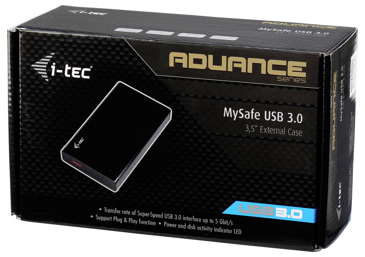 Externe Festplattengehäuse-Verpackung mit Beschriftung 'MySafe USB 3.0, 3,5” External Case'. Funktionen: USB 3.0, Plug & Play.