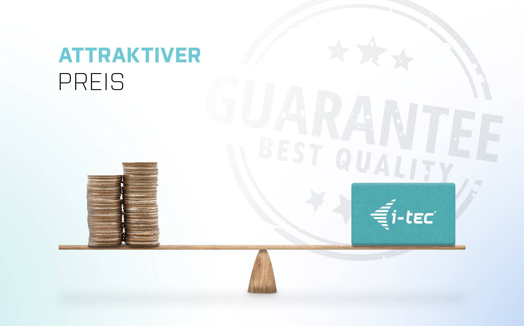 Ein Stapel Münzen und eine Karte mit dem Logo 'i-tec' stehen auf einer Waage. Text: 'Attraktiver Preis'. Hintergrund zeigt 'Guarantee Best Quality'.