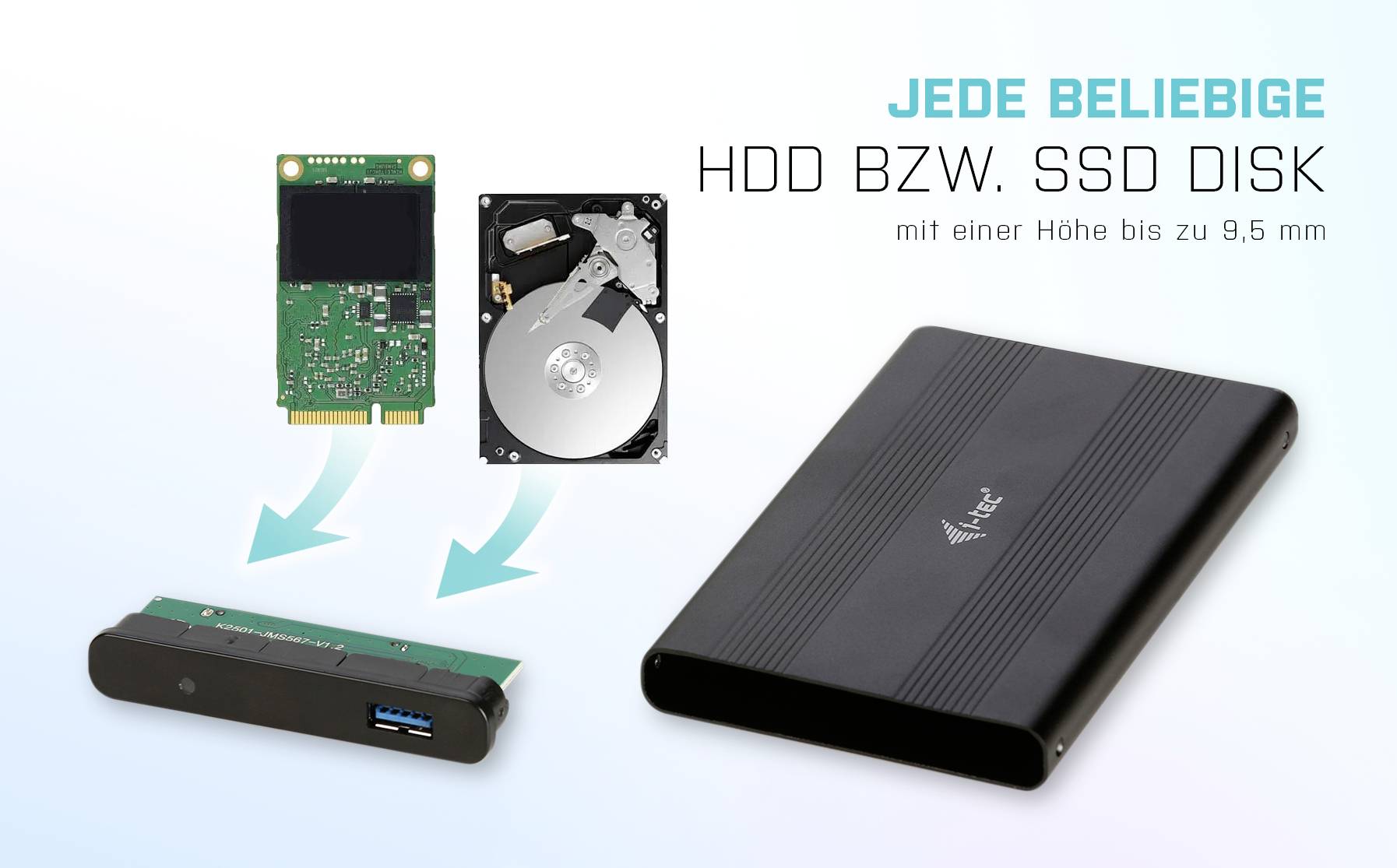 Externe Festplattenbox, kompatibel mit HDD und SSD bis 9,5 mm. Abgebildet mit einem entfernten SATA-Adapter und USB-Anschluss.