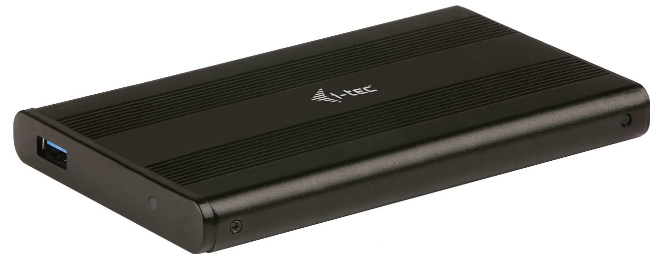 Externe schwarze Festplattengehäuse aus Metall mit USB-Anschluss, zur Speicherung von Daten auf einer internen Festplatte geeignet.