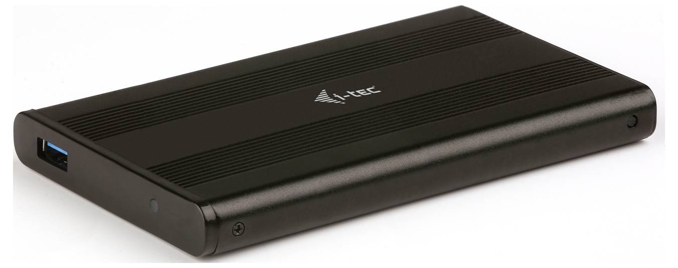 Ein schwarzes externes Festplattengehäuse mit USB-Anschluss. Es ist schlank und tragbar, geeignet zur Datenspeicherung und -sicherung.