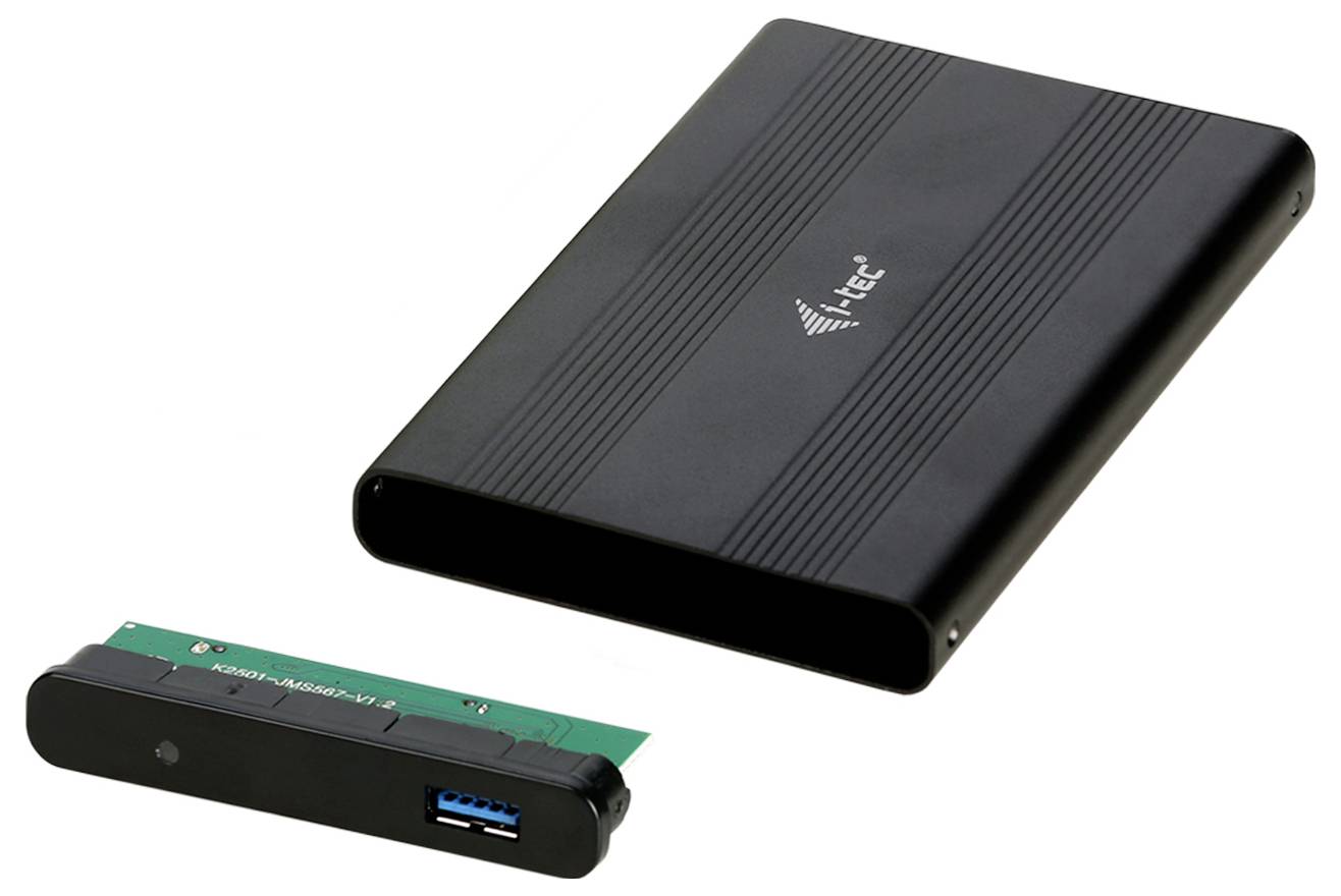 Externes Festplattengehäuse mit abnehmbarem USB-Anschluss und Belüftungsschlitzen. Ideal für Datenspeicherung und Transport.