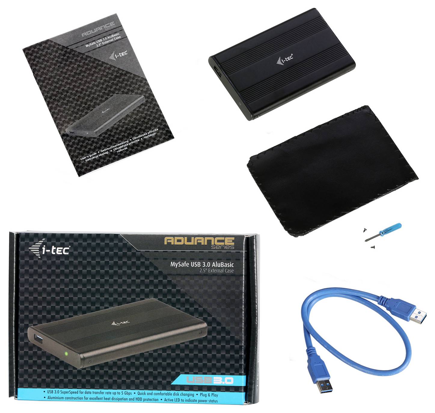 'Externe Festplattengehäuse i-tec MySafe USB 3.0 Advance.' Enthält Gehäuse, Schrauben und USB-Kabel. Verpackung zeigt Produktbild und Informationen.