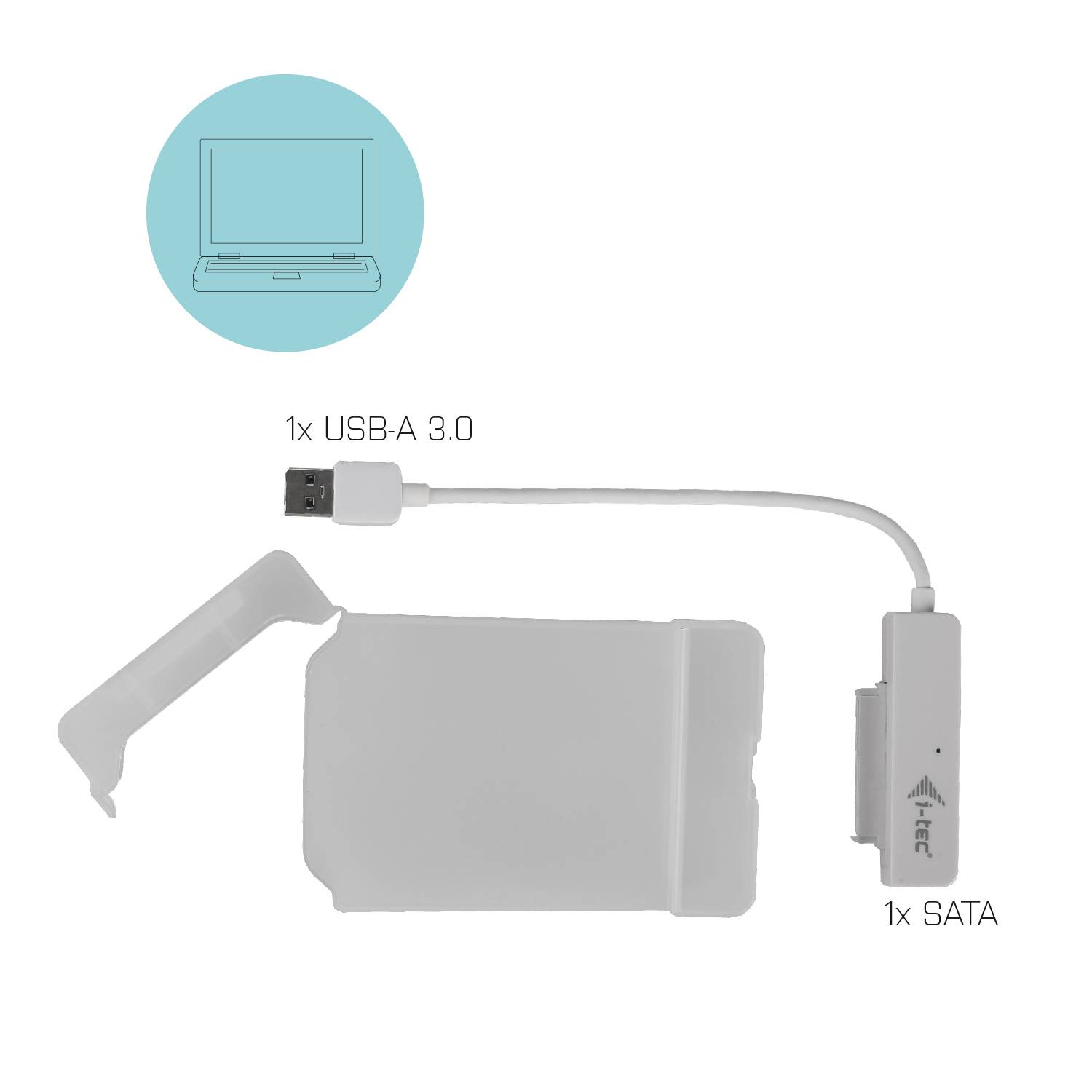 Ein USB-A 3.0-zu-SATA-Adapterkabel dargestellt mit einem Laptop-Symbol im Hintergrund, zeigt Anschlussmöglichkeiten für Festplatten.
