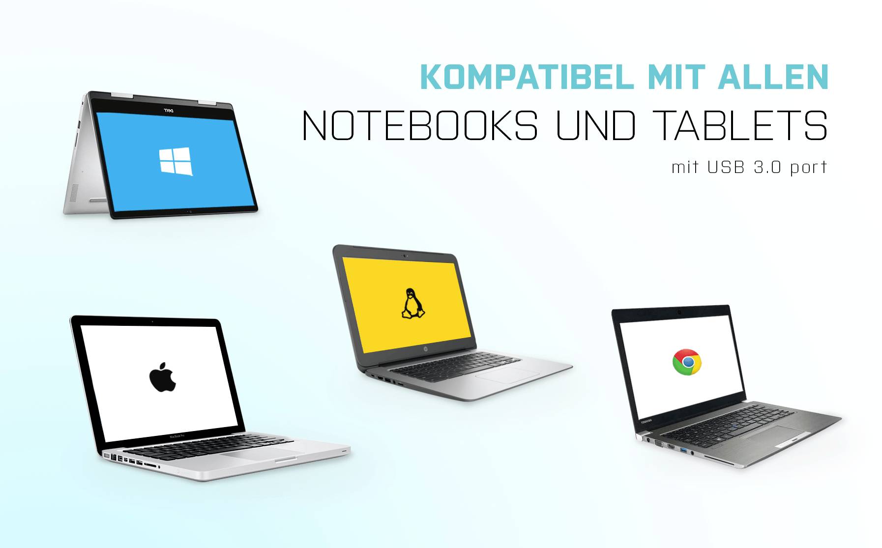 'Kompatibel mit allen Notebooks und Tablets mit USB 3.0 Port.' Vier Laptops mit Logos von Windows, Apple, Linux und ChromeOS.