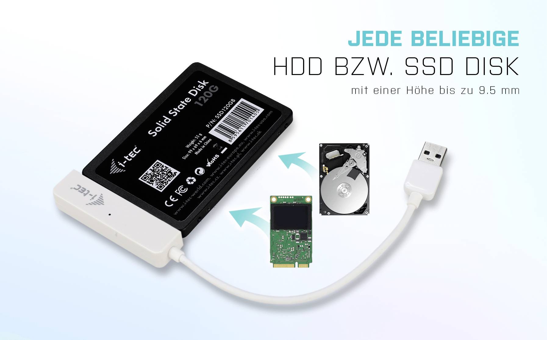'Anzeige einer externen Festplatten-Dockingstation mit USB-Kabel. Text: "JEDE BELIEBIGE HDD BZW. SSD DISK mit einer Höhe bis zu 9,5 mm."'