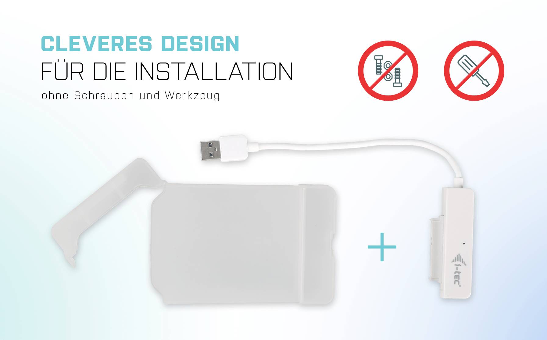 Ein USB-Kabel mit Adapter neben einer Montageklammer. Text: 'Cleveres Design für die Installation ohne Schrauben und Werkzeug'. Symbole: Kein Schrauben, kein Werkzeug.