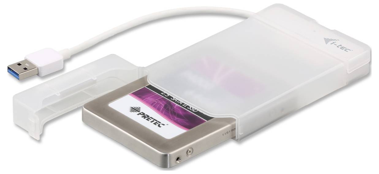 Externe Festplattenhalterung mit transparentem Gehäuse und USB-Verbindungskabel. Geeignet zur Installation eines internen Solid-State-Drives.