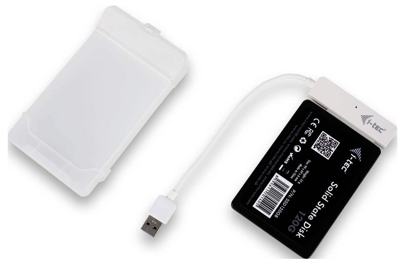 Externe Festplatte mit USB-Anschlusskabel, daneben eine geöffnete weiße Schutzhülle.