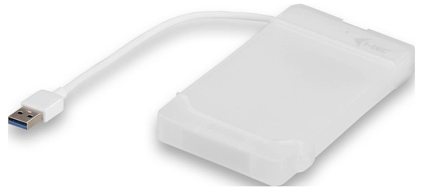 Ein transparentes, weißes externes Festplattengehäuse mit USB 3.0-Kabel für tragbare Datenspeicherung.