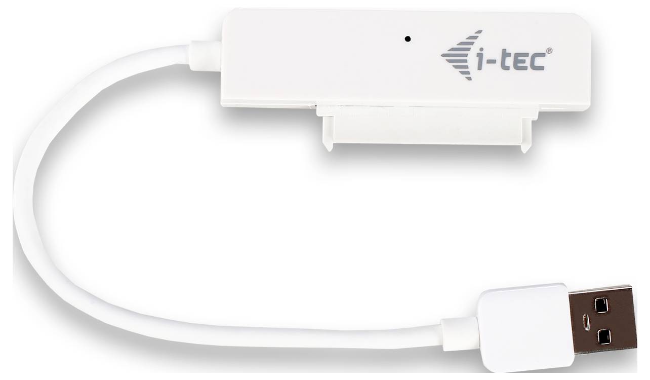 USB-zu-SATA-Adapter mit weißem Gehäuse und schwarzem 'i-tec'-Logo links, USB-Anschluss rechts. Ideal für externe Festplattenverbindungen.