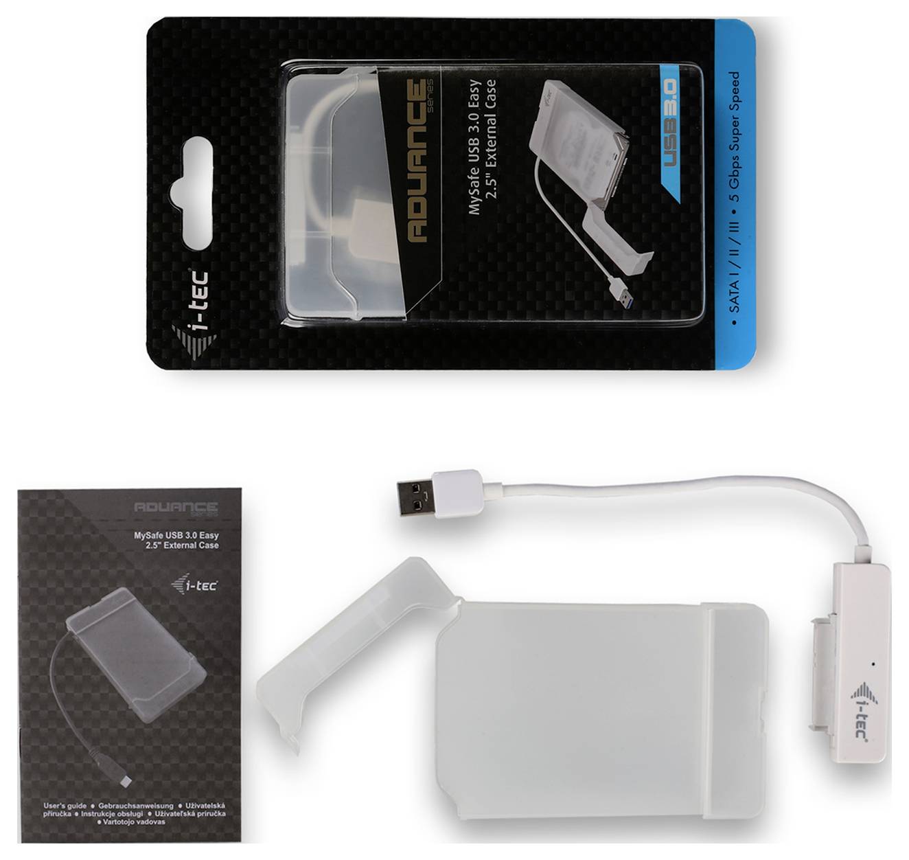 USB 3.0 Adapter und Schutzhülle für 2,5'' SATA HDD/SSD, Marke i-tec. Blisterverpackung und Produktdetails abgebildet.