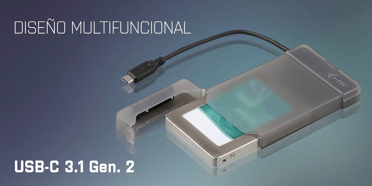 'Externe Festplattengehäuse mit multifunktionalem Design und USB-C 3.1 Gen. 2 Anschluss, auf blauem Hintergrund dargestellt.'