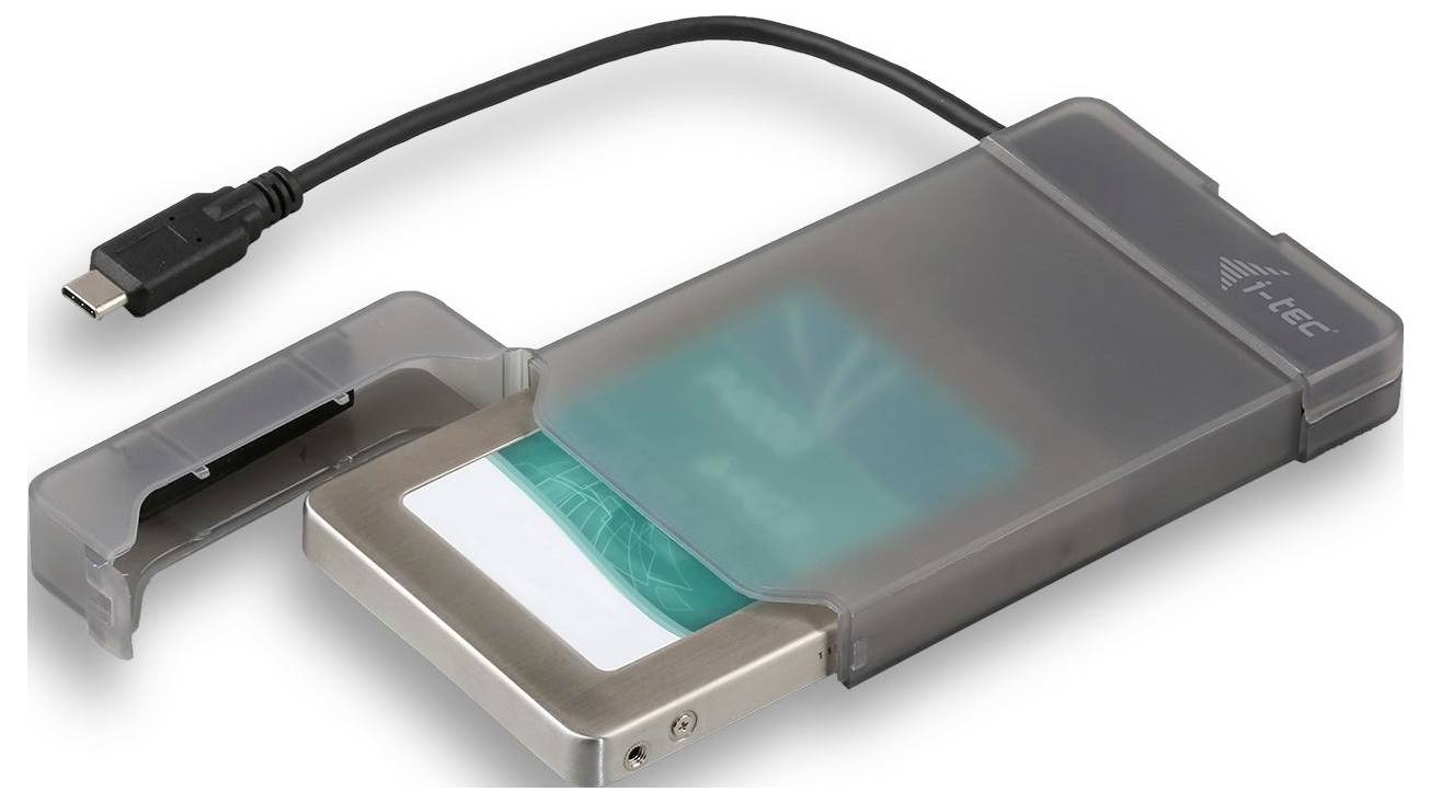 Externe Festplattenbox mit USB-C-Anschluss, transparentem Gehäuse und einem entnehmbaren Festplatteneinsatz.