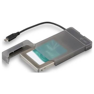 Externe Festplattenbox mit USB-C-Anschluss, transparentem Gehäuse und einem entnehmbaren Festplatteneinsatz.