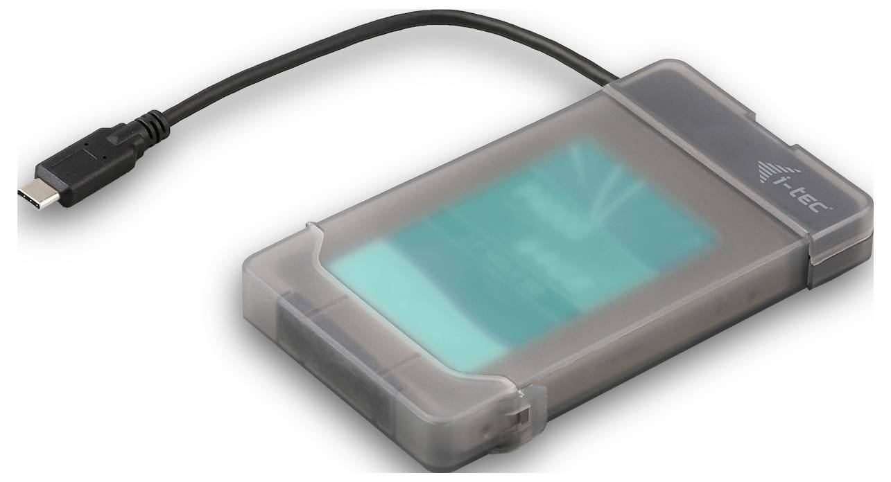 Ein transparentes Gehäuse mit einem USB-C-Anschlusskabel, das eine interne Festplatte enthält, ermöglicht den externen Anschluss.