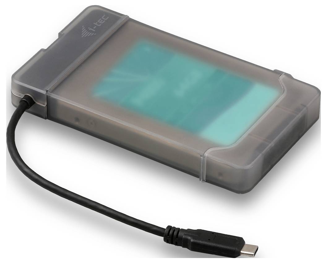 Transparentes Festplatten-Gehäuse mit USB-Kabel, geeignet für mobile Datenspeicherung und Anschluss an externe Geräte.