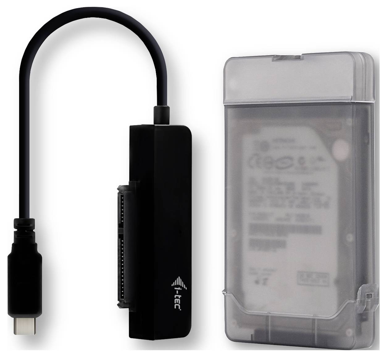 'Festplattenadapter mit USB-C-Anschluss und transparente Festplattenhülle. Dient zur Verbindung und Schutz von internen Festplatten.'