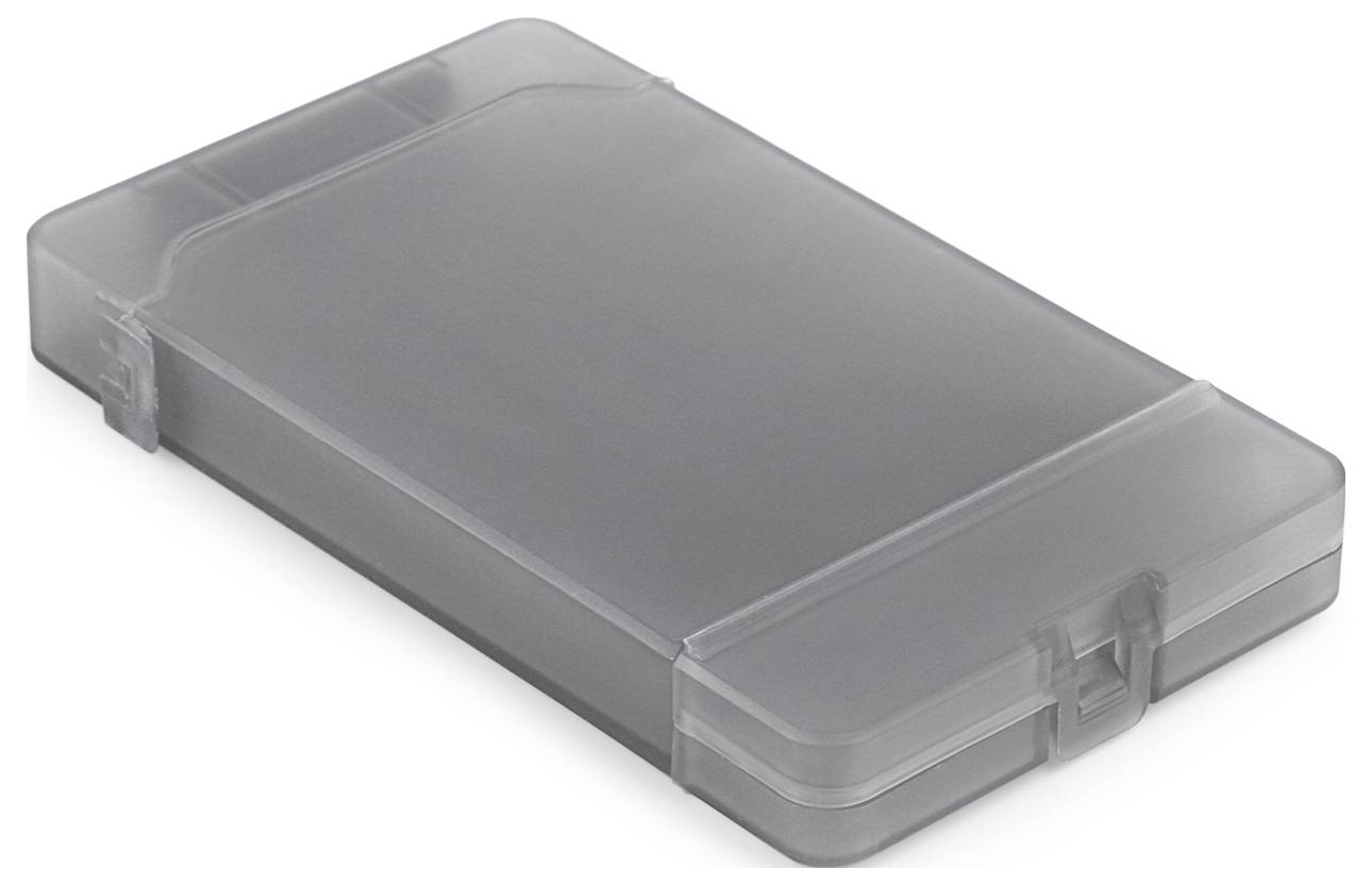Durchsichtige Kunststoffbox mit Klappverschluss, geeignet zur Aufbewahrung kleiner Gegenstände wie Speicherkarten oder Batterien.