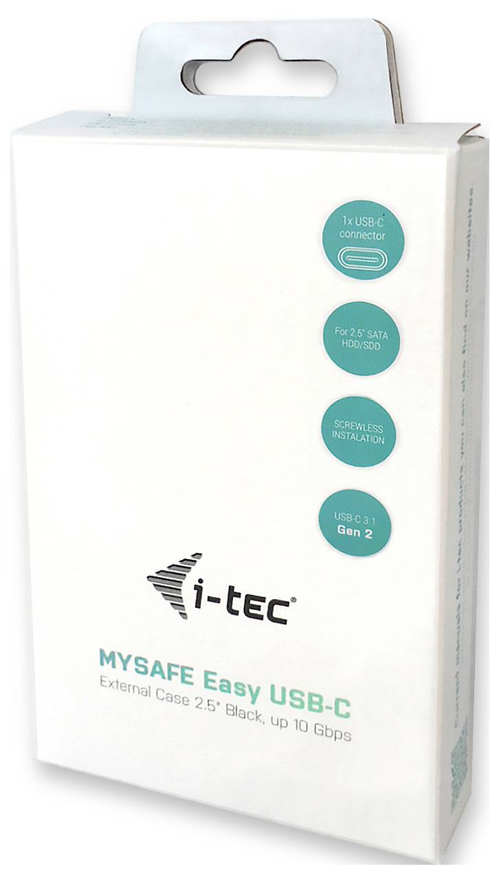 Externer Gehäusekarton für 'i-tec MYSafe Easy USB-C'. Beschriftung: 1x USB-C, 2.5" SATA HDD/SSD, einfache Installation, USB-C 3.1 Gen 2.