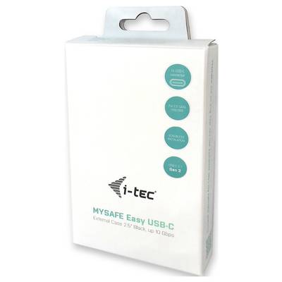 Externer Gehäusekarton für 'i-tec MYSafe Easy USB-C'. Beschriftung: 1x USB-C, 2.5" SATA HDD/SSD, einfache Installation, USB-C 3.1 Gen 2.